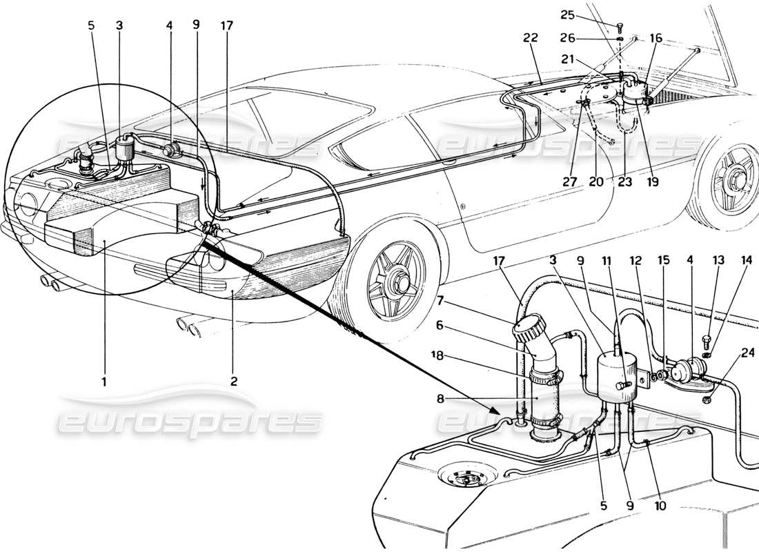 ferrari 365 gtb4 daytona (1969) teilediagramm für kraftstoffpumpensystem (1972 revision)