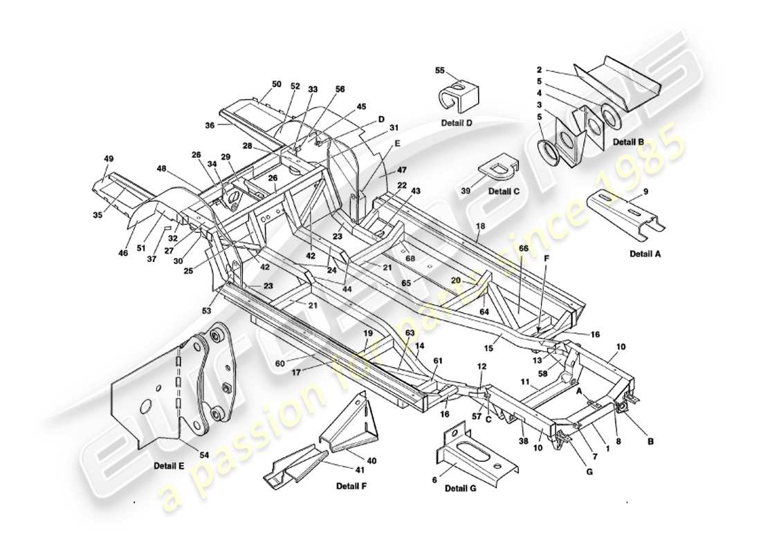 aston martin v8 volante (1999) fahrgestellrahmen-teilediagramm