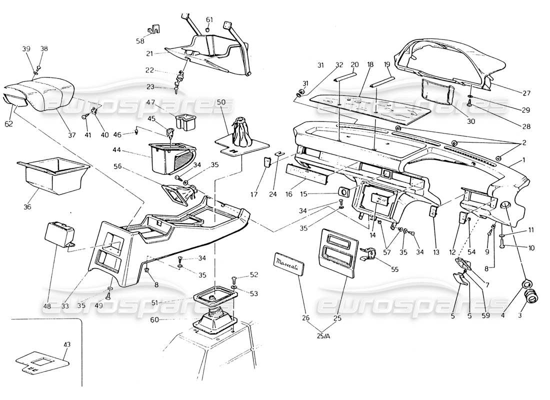 maserati 222 / 222e biturbo teilediagramm für instrumententafel und konsole (rechte lenkung)