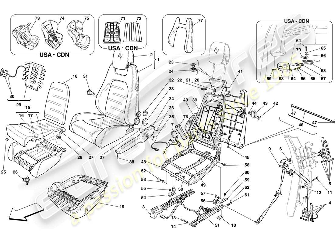 ferrari f430 coupe (rhd) manueller vordersitz – sicherheitsgurte teilediagramm