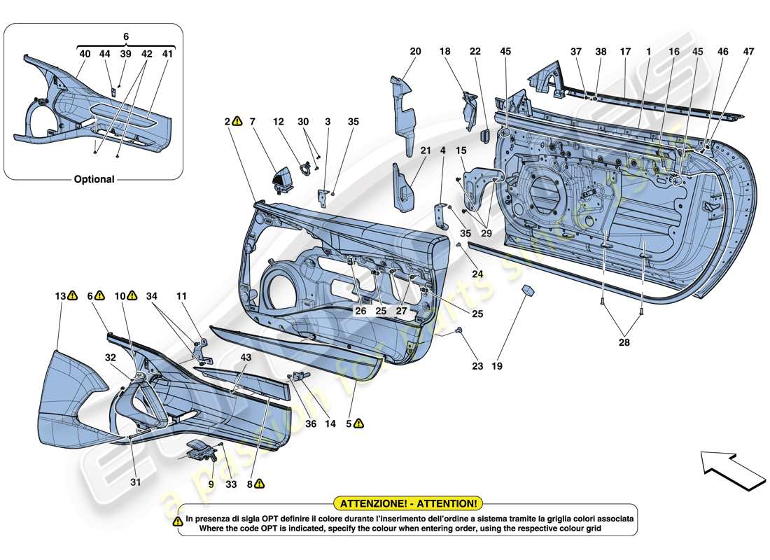 ferrari 812 superfast (rhd) türen - unterkonstruktion und verkleidung teilediagramm