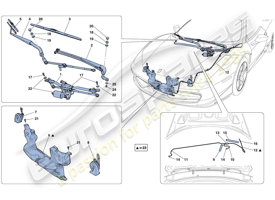 ferrari 458 spider (rhd) scheibenwischer, scheibe und hupen ersatzteildiagramm