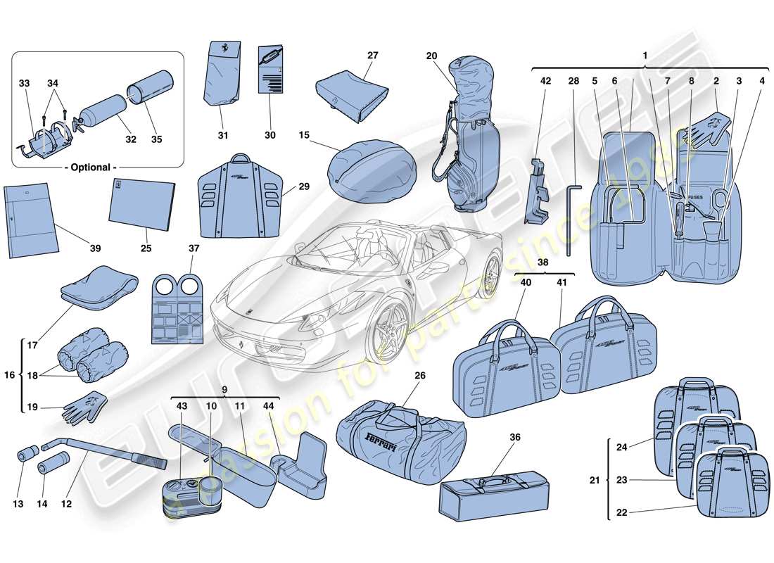 ferrari 458 spider (europe) mit dem fahrzeug lieferumfang enthaltene werkzeuge und zubehör teilediagramm
