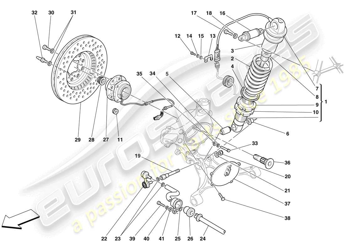 ferrari f430 scuderia spider 16m (europe) vorderradaufhängung - teilediagramm stoßdämpfer und bremsscheibe