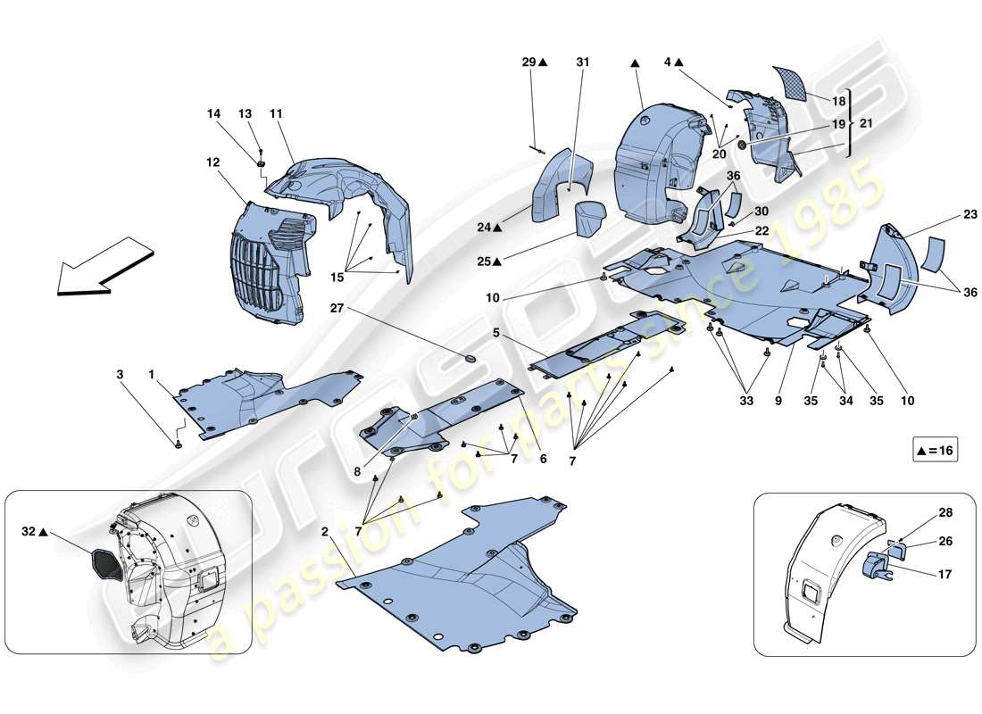 ferrari 458 spider (rhd) flache unterboden- und radkasten-ersatzteildiagramm