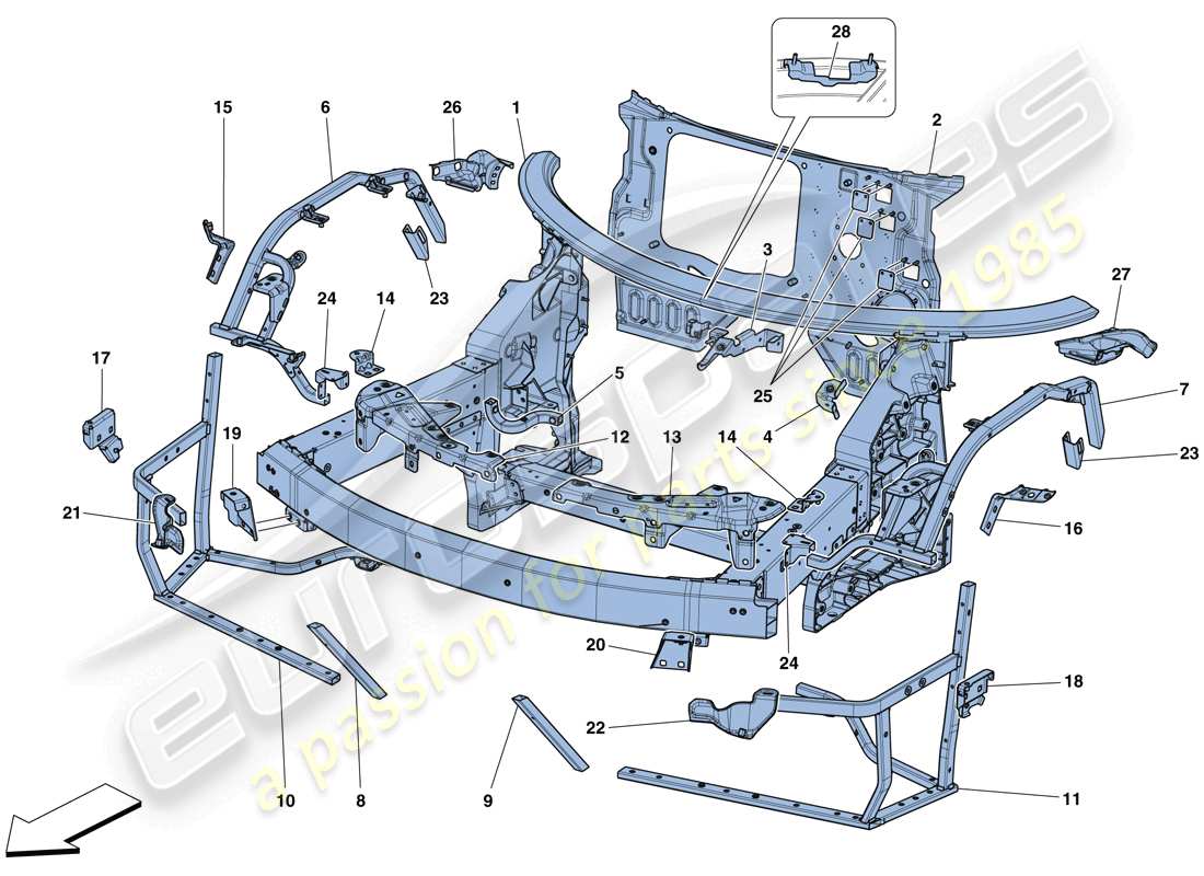 ferrari 488 spider (rhd) chassis - komplette frontstruktur und paneele ersatzteildiagramm