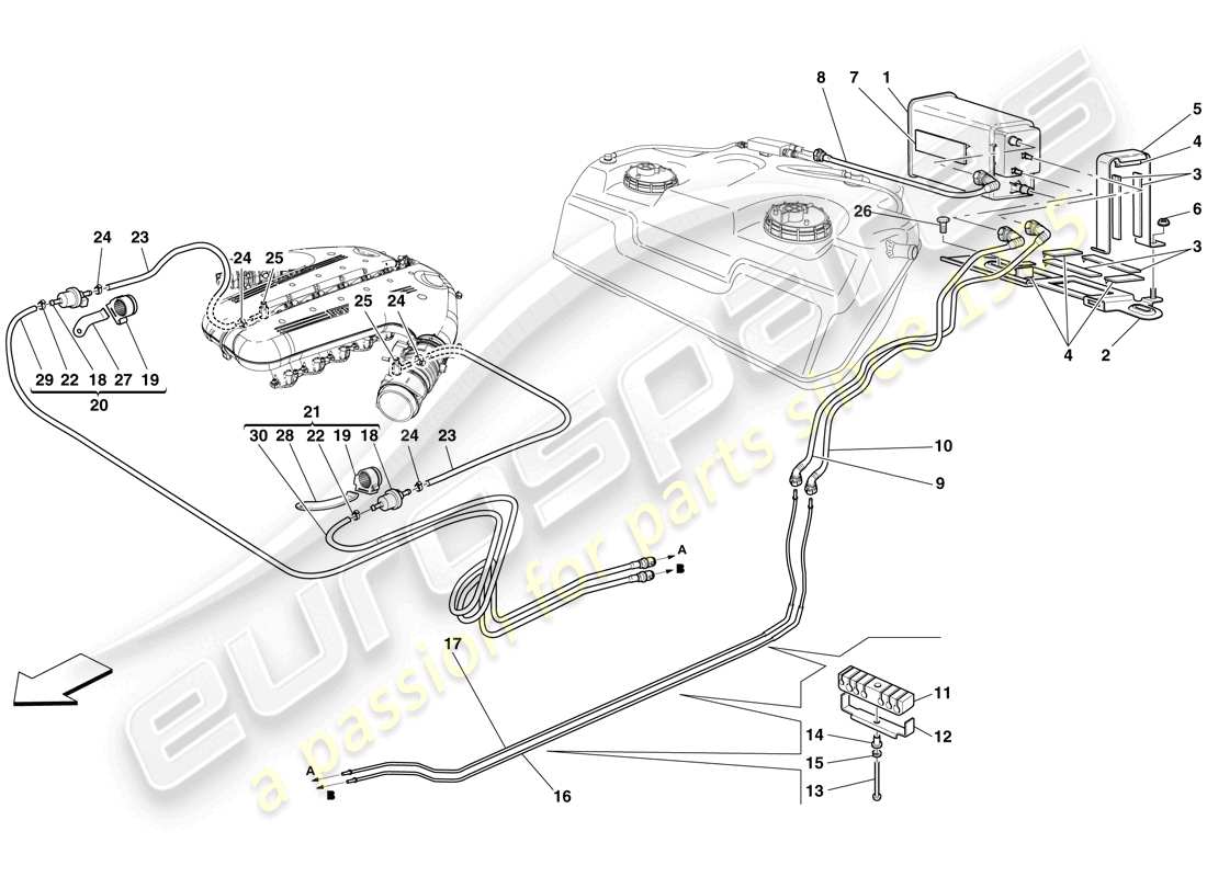 ferrari 599 sa aperta (rhd) kontrollsystem für verdampfungsemissionen teilediagramm