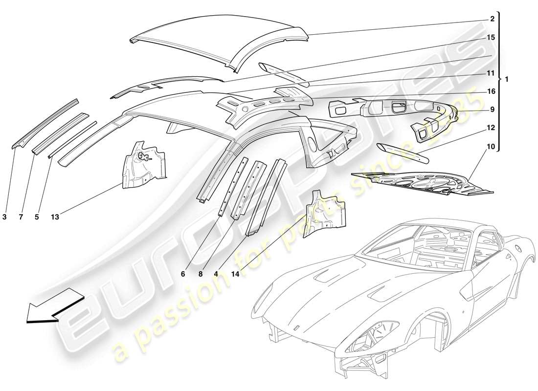 ferrari 599 gtb fiorano (rhd) karosserie - dach teilediagramm