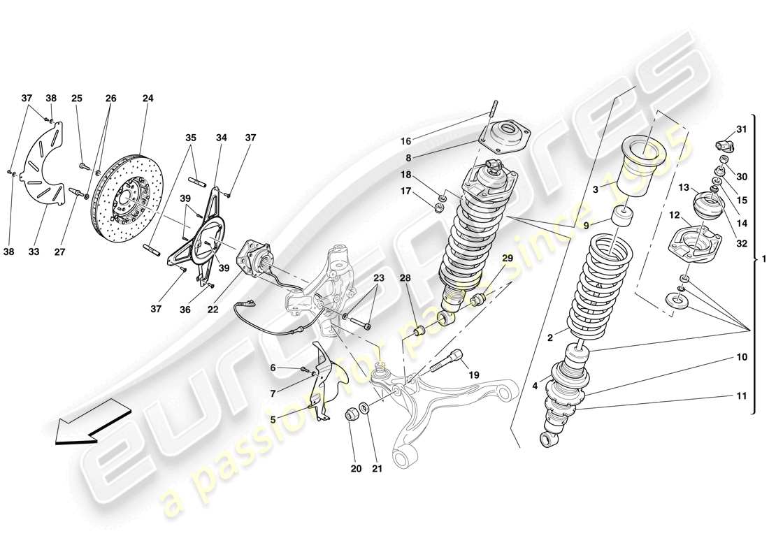 ferrari 599 gto (rhd) vorderradaufhängung - teilediagramm stoßdämpfer und bremsscheibe