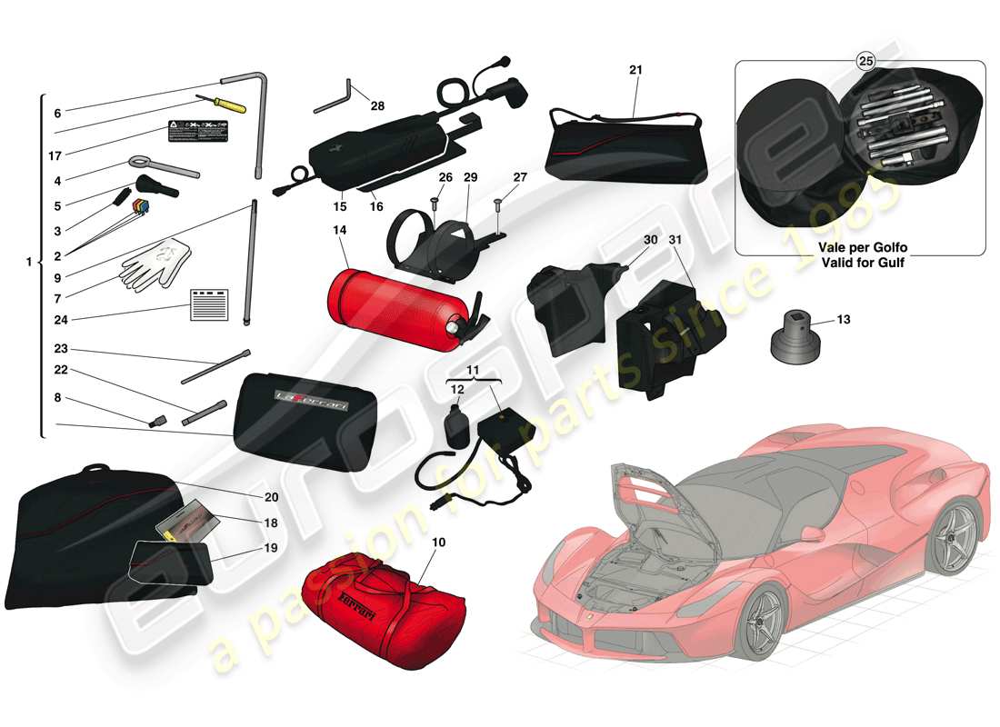 ferrari laferrari (usa) front compartment and tools supplied with vehicle part diagram