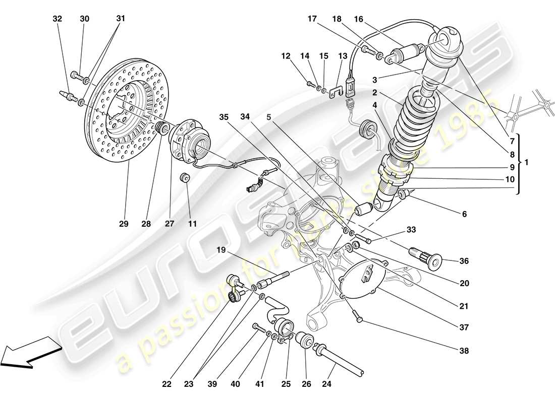 ferrari f430 coupe (europe) vorderradaufhängung - teilediagramm stoßdämpfer und bremsscheibe