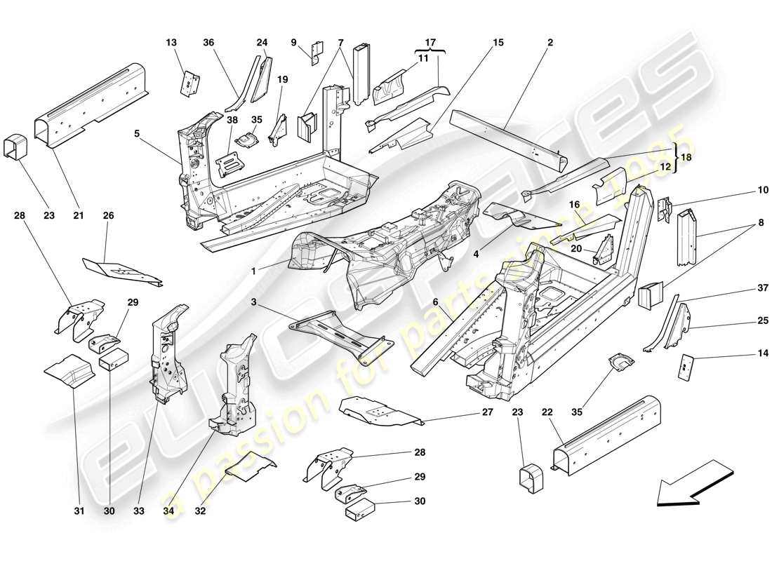 ferrari 599 gto (rhd) strukturen und elemente, fahrzeugzentrum teilediagramm