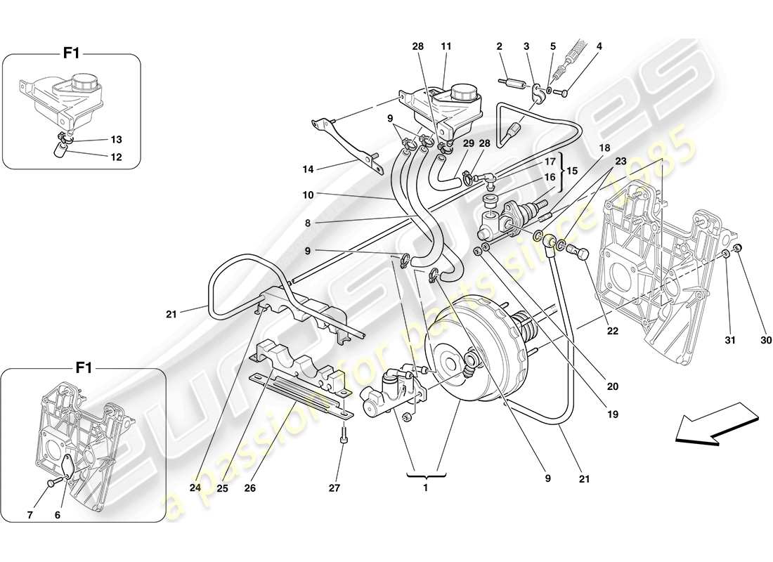 ferrari f430 coupe (rhd) hydraulische brems- und kupplungssteuerung teilediagramm