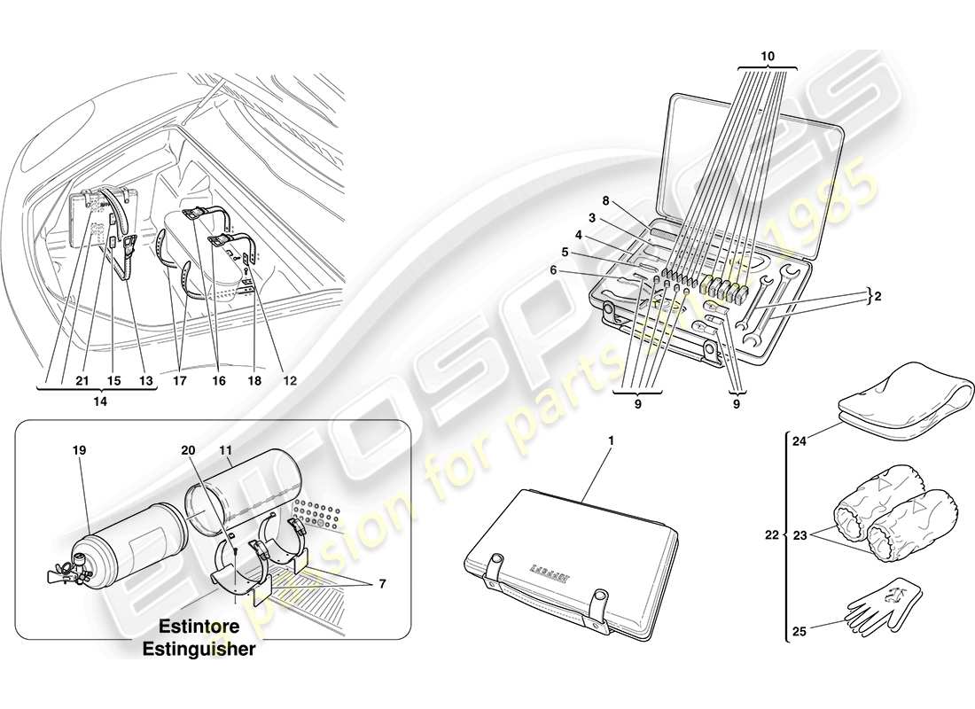 ferrari f430 coupe (rhd) mit dem fahrzeug lieferumfang enthaltene werkzeuge und zubehör teilediagramm