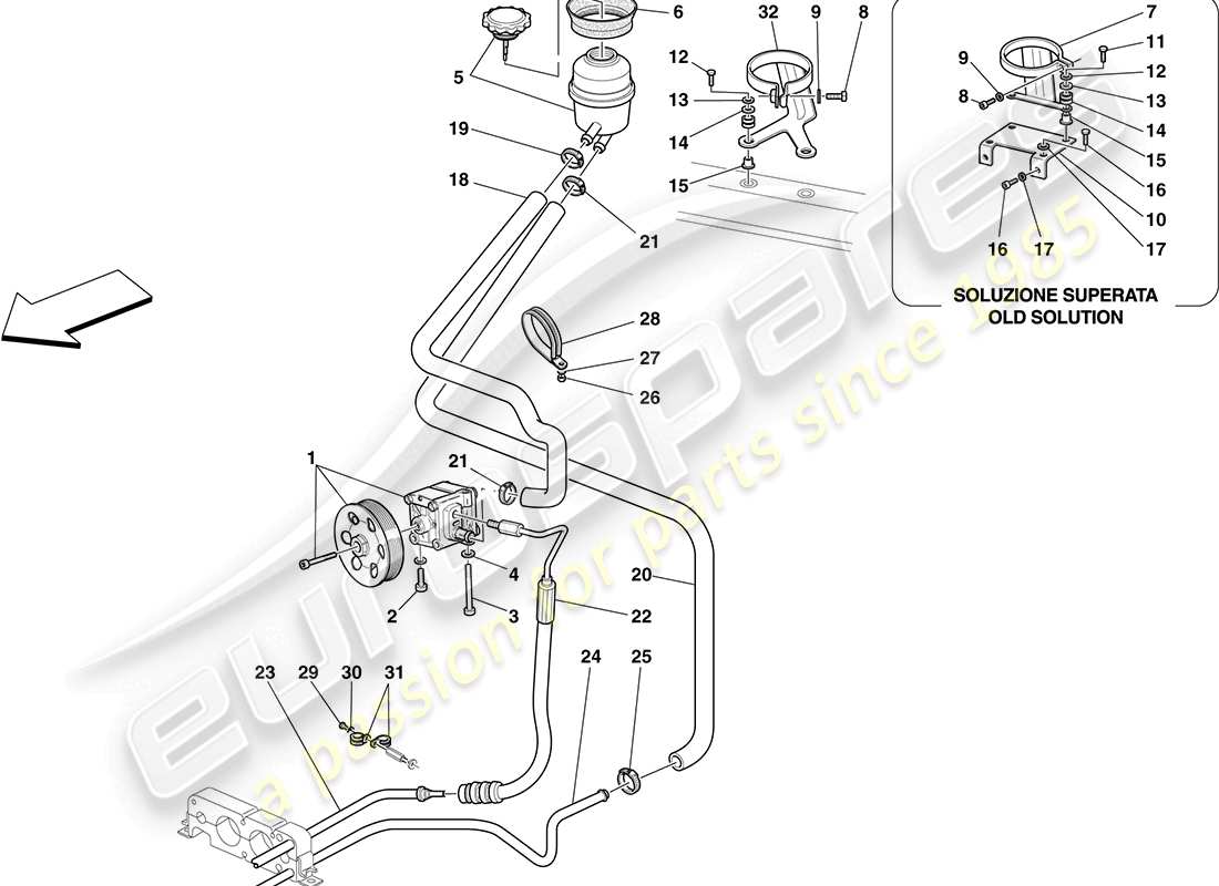 ferrari f430 coupe (rhd) servolenkpumpe und reservoir teilediagramm