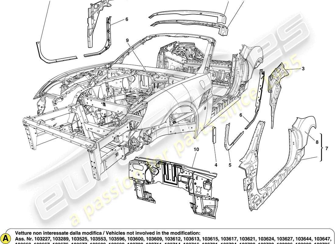 ferrari california (rhd) mittlere karosserie und aussenverkleidung teilediagramm
