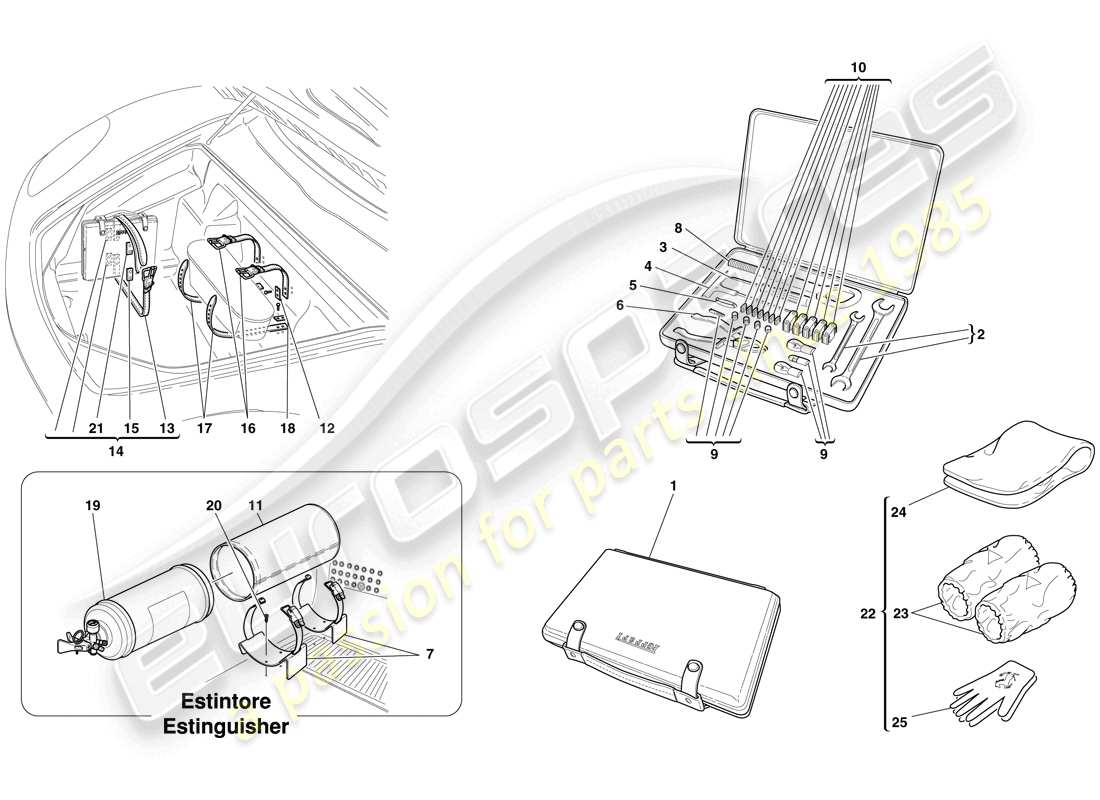 ferrari f430 spider (rhd) mit dem fahrzeug lieferumfang enthaltene werkzeuge und zubehör teilediagramm