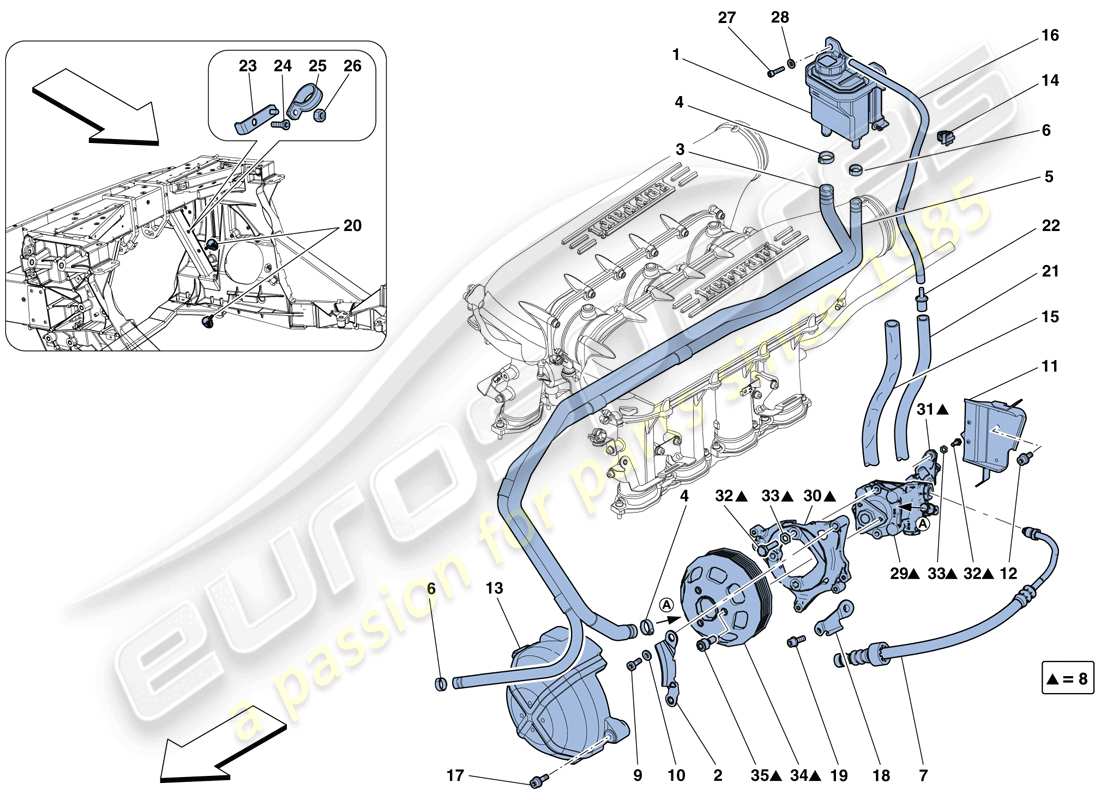 ferrari 458 speciale (rhd) servolenkungspumpe und vorratsbehälter – teilediagramm