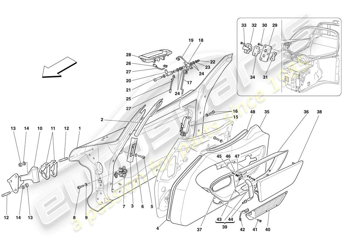 maserati mc12 türen – öffnungskontrolle, rahmen und abdeckungen teilediagramm