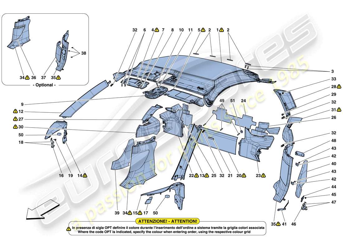 ferrari 488 gtb (rhd) dachhimmelverkleidung und zubehör teilediagramm