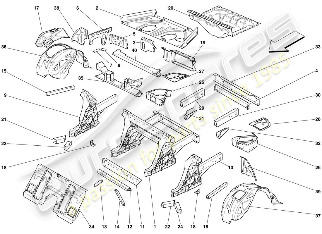 ferrari 599 gtb fiorano (rhd) strukturen und elemente, fahrzeughinterteil teilediagramm