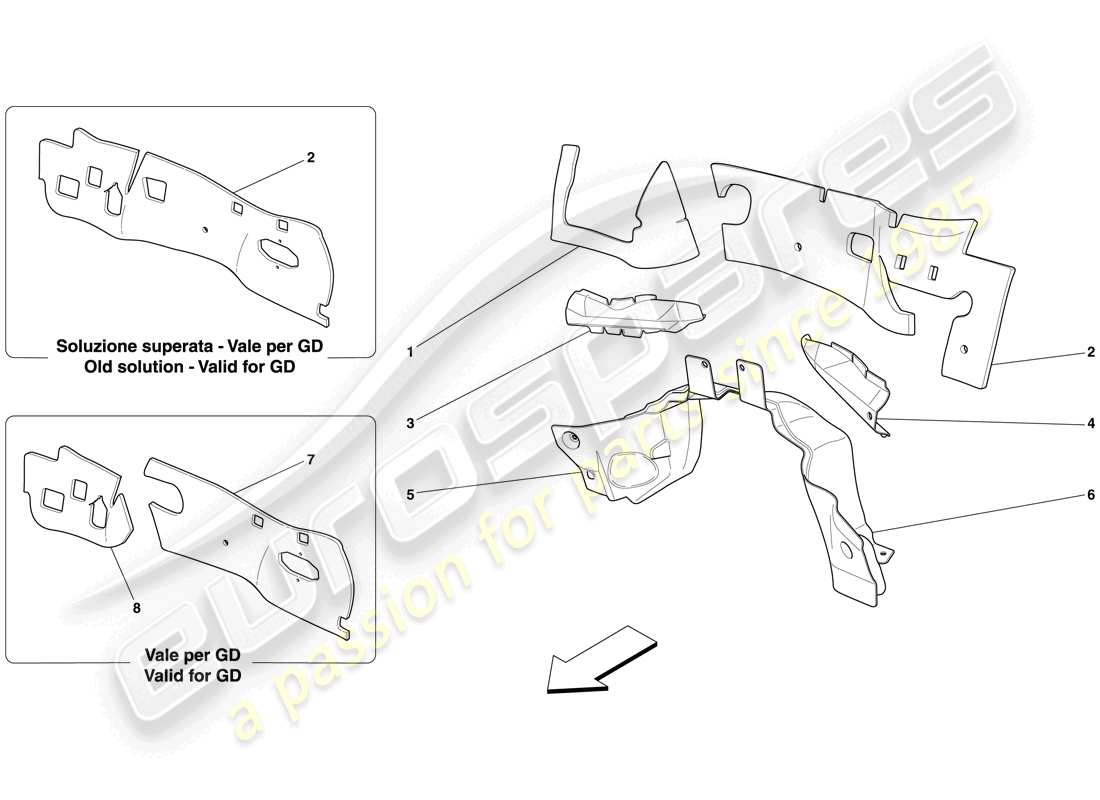 ferrari 612 scaglietti (rhd) motorraum-brandmauer-isolierung - ersatzteildiagramm