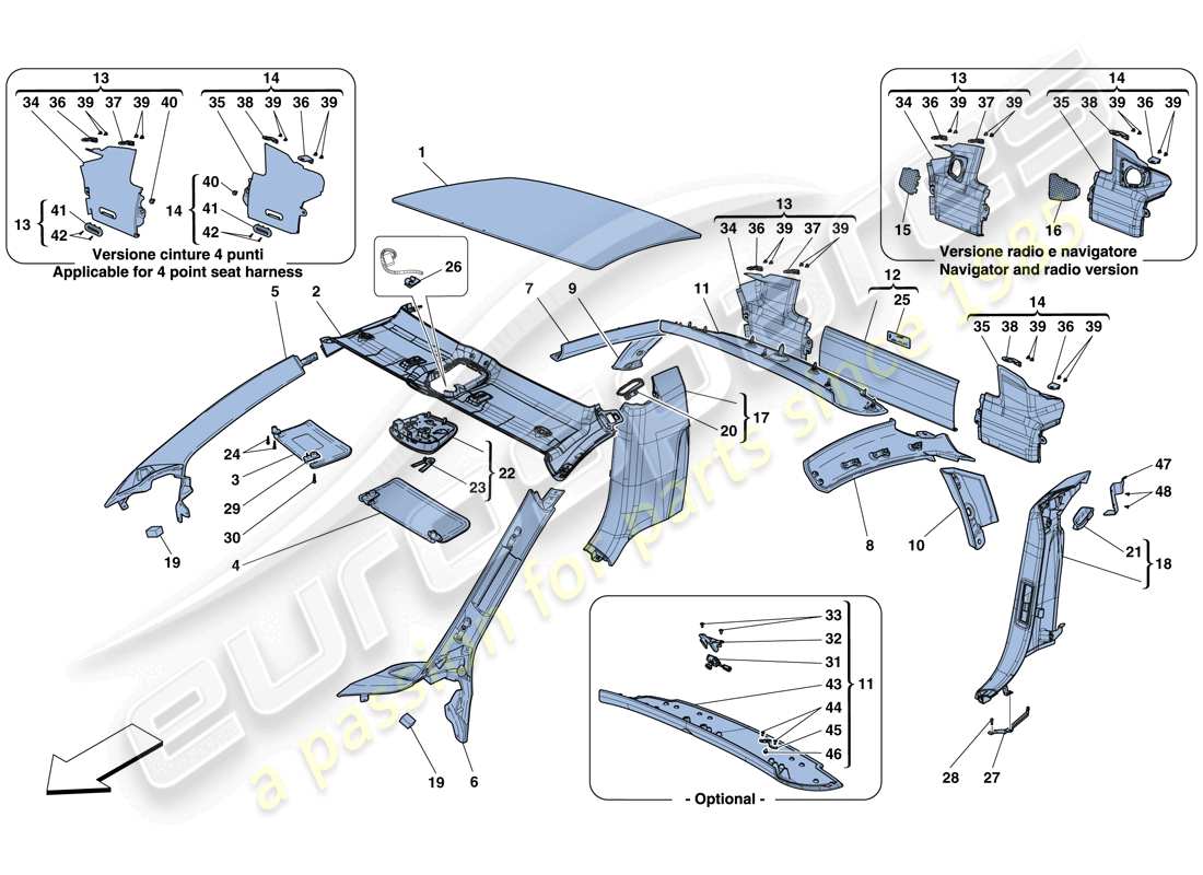 ferrari 458 speciale (rhd) dachhimmelverkleidung und zubehör teilediagramm