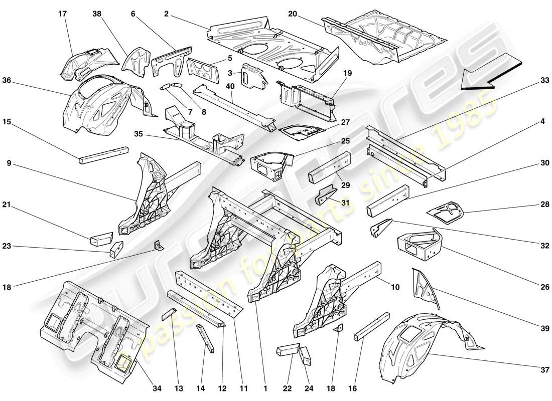 ferrari 599 gtb fiorano (usa) strukturen und elemente, fahrzeughinterteil teilediagramm