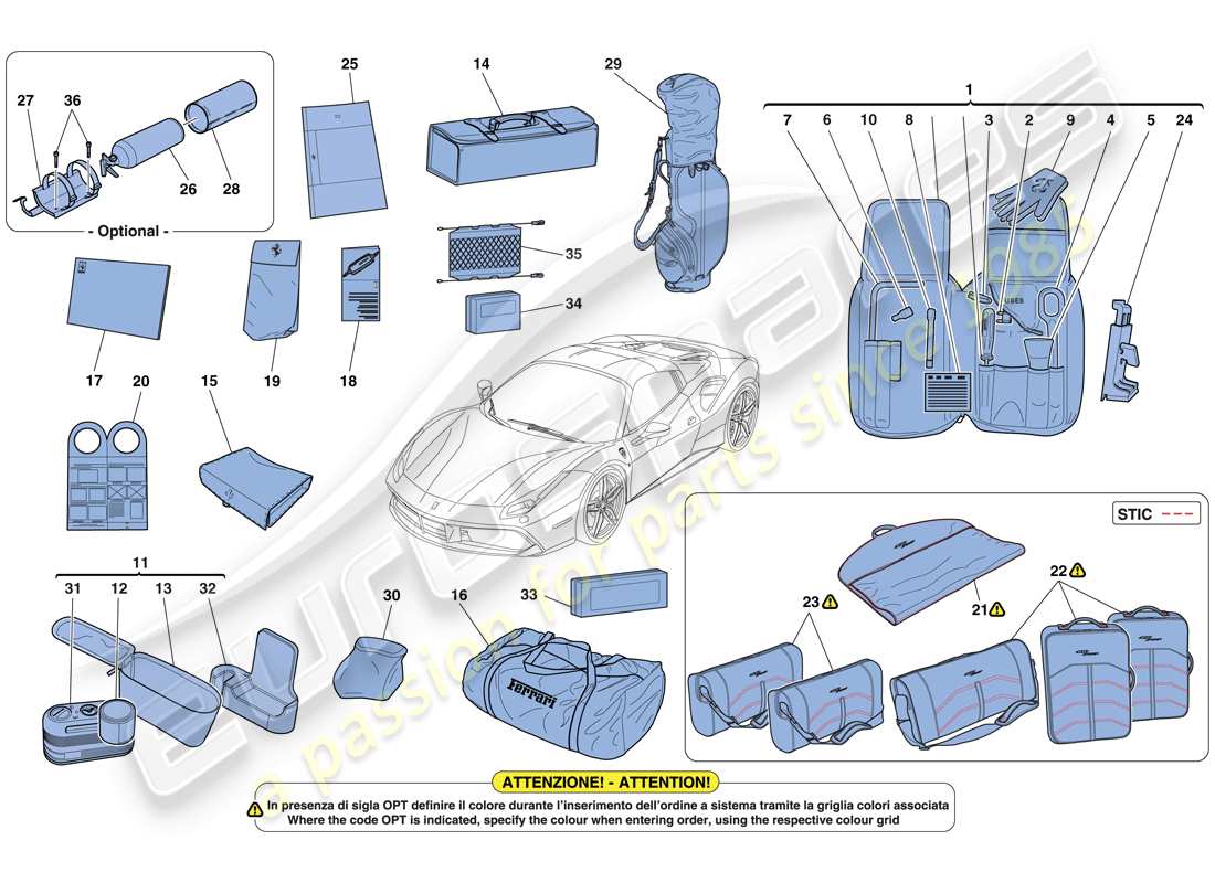 ferrari 488 spider (rhd) mit dem fahrzeug lieferumfang enthaltene werkzeuge und zubehör teilediagramm