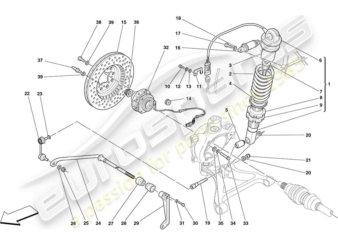 ferrari f430 coupe (rhd) hinterradaufhängung - teilediagramm stoßdämpfer und bremsscheibe