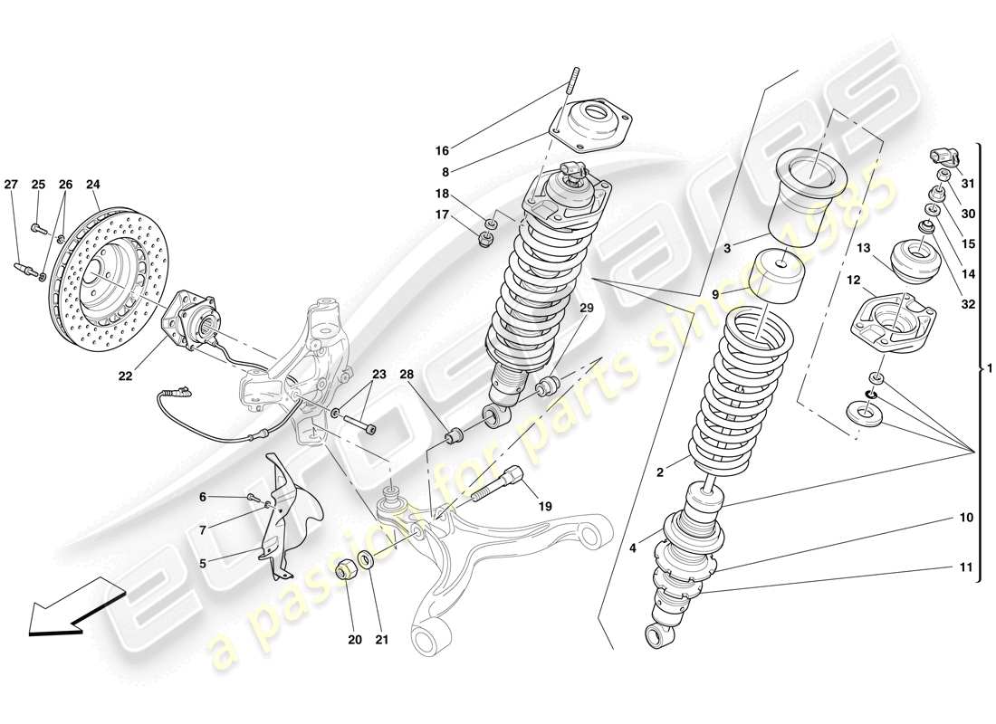 ferrari 599 sa aperta (europe) vorderradaufhängung - teilediagramm stoßdämpfer und bremsscheibe