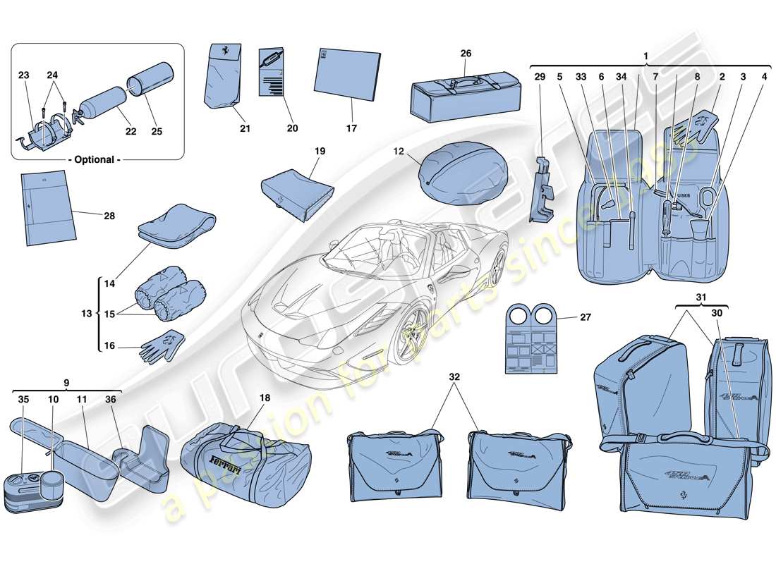 ferrari 458 speciale aperta (usa) mit dem fahrzeug lieferumfang enthaltene werkzeuge und zubehör teilediagramm