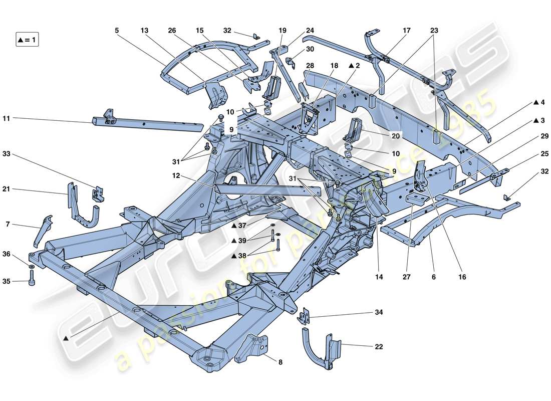 ferrari 488 gtb (usa) fahrgestell - struktur, hintere elemente und platten ersatzteildiagramm