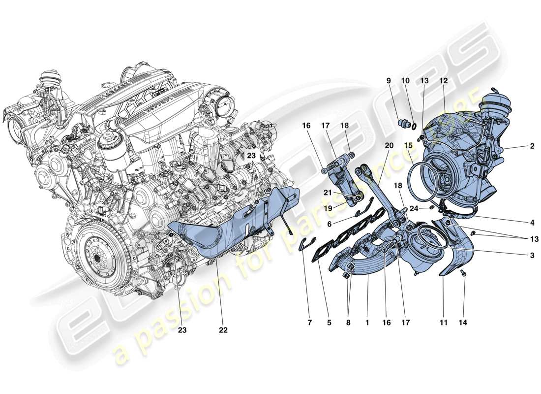 ferrari 488 gtb (usa) krümmer, turboladersystem und rohre teilediagramm