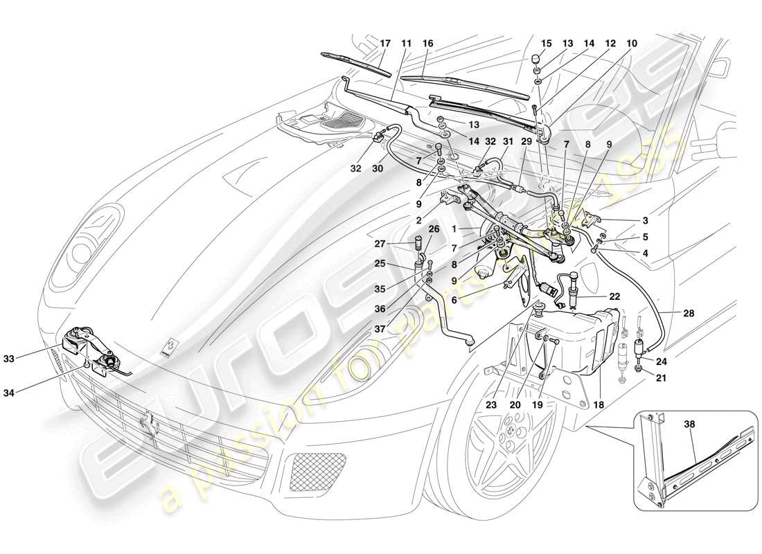 ferrari 599 gtb fiorano (rhd) scheibenwischer, scheibe und hupen ersatzteildiagramm