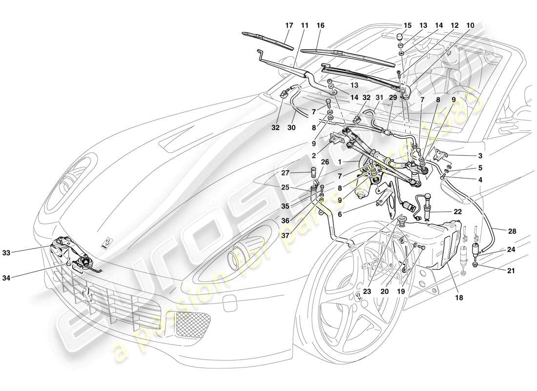 ferrari 599 sa aperta (europe) scheibenwischer, scheibe und hupen ersatzteildiagramm