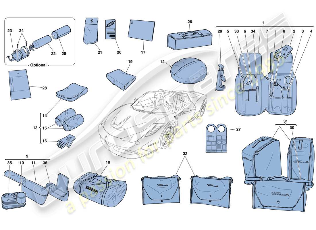 ferrari 458 speciale aperta (europe) mit dem fahrzeug lieferumfang enthaltene werkzeuge und zubehör teilediagramm