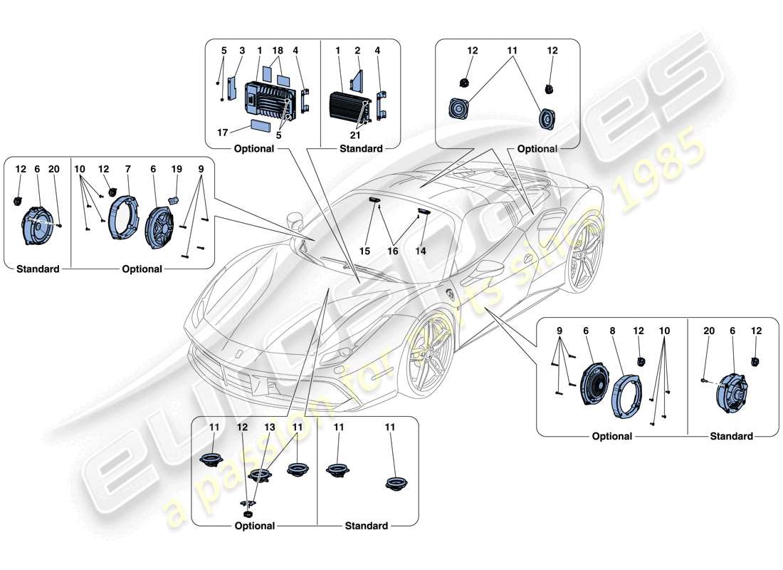 ferrari 488 spider (europe) audio-lautsprechersystem - teilediagramm