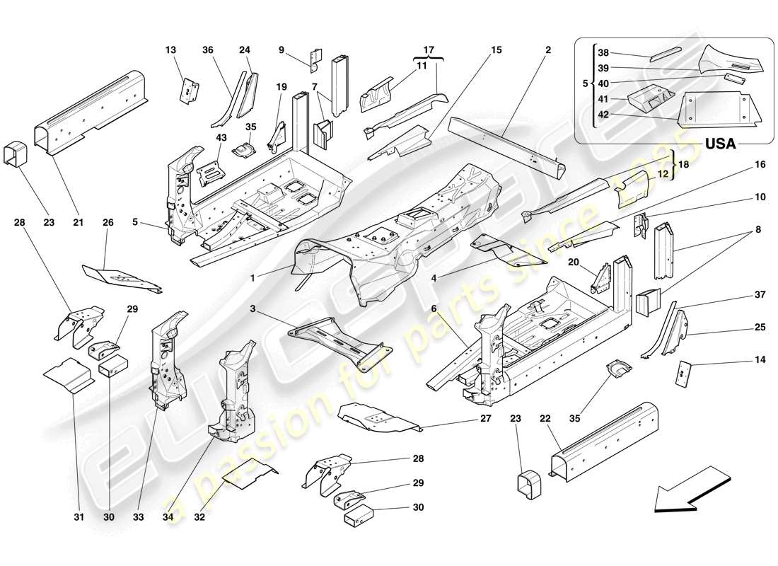 ferrari 599 gtb fiorano (usa) strukturen und elemente, fahrzeugmitte teilediagramm