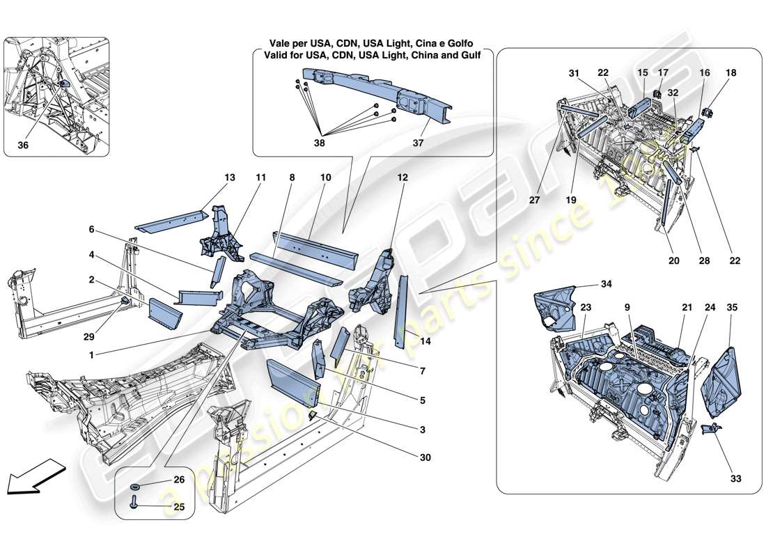 ferrari f12 tdf (usa) strukturen und elemente, fahrzeughinterteil teilediagramm