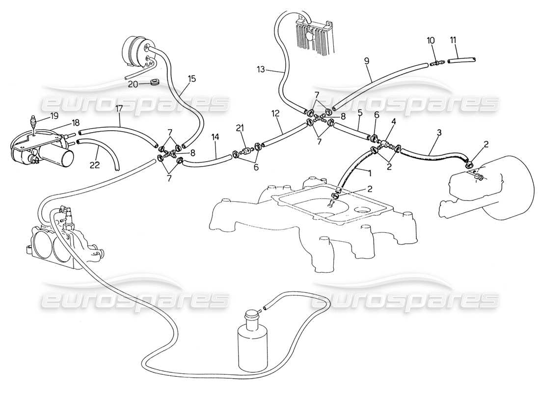 maserati 222 / 222e biturbo teilediagramm für das verdunstungssystem (linkslenkung mit lambda-fühler)