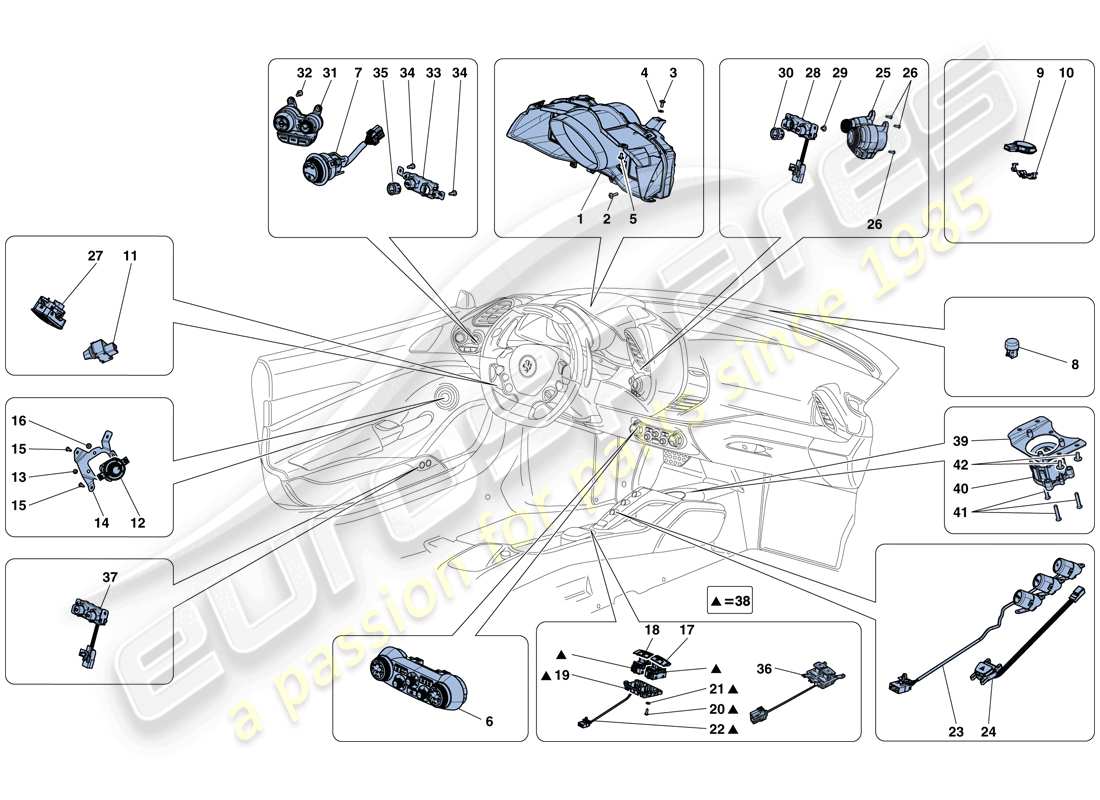 ferrari 488 spider (europe) armaturenbrett- und tunnelinstrumente ersatzteildiagramm