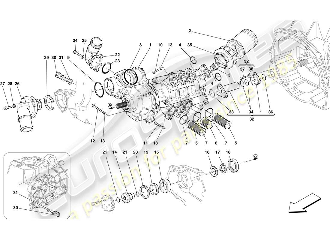 ferrari f430 coupe (rhd) öl-/wasserpumpe ersatzteildiagramm