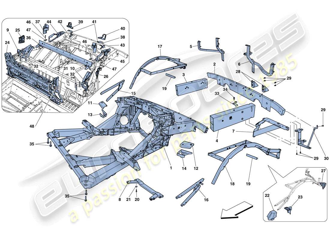 ferrari 458 speciale aperta (europe) fahrgestell - struktur, hintere elemente und platten ersatzteildiagramm