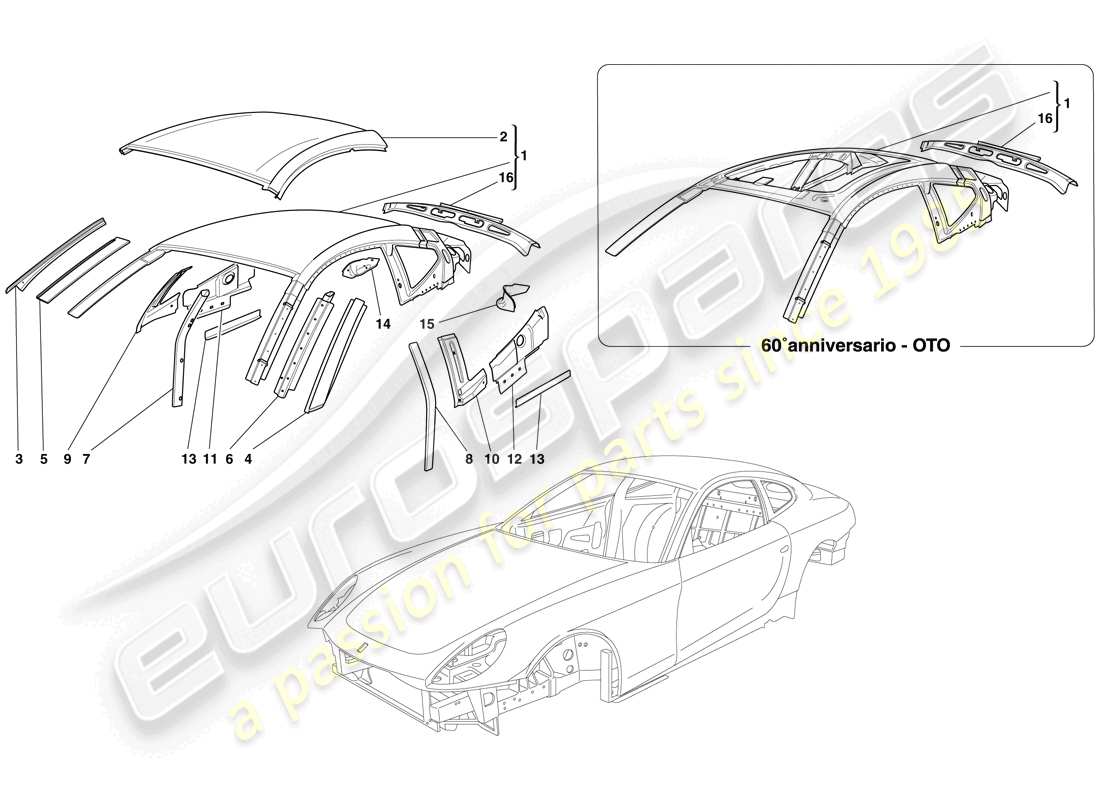 ferrari 612 scaglietti (rhd) karosserie - dach ersatzteildiagramm