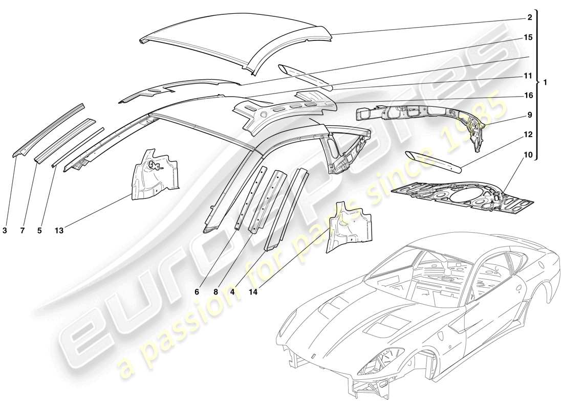 ferrari 599 gto (rhd) karosserie - dach teilediagramm