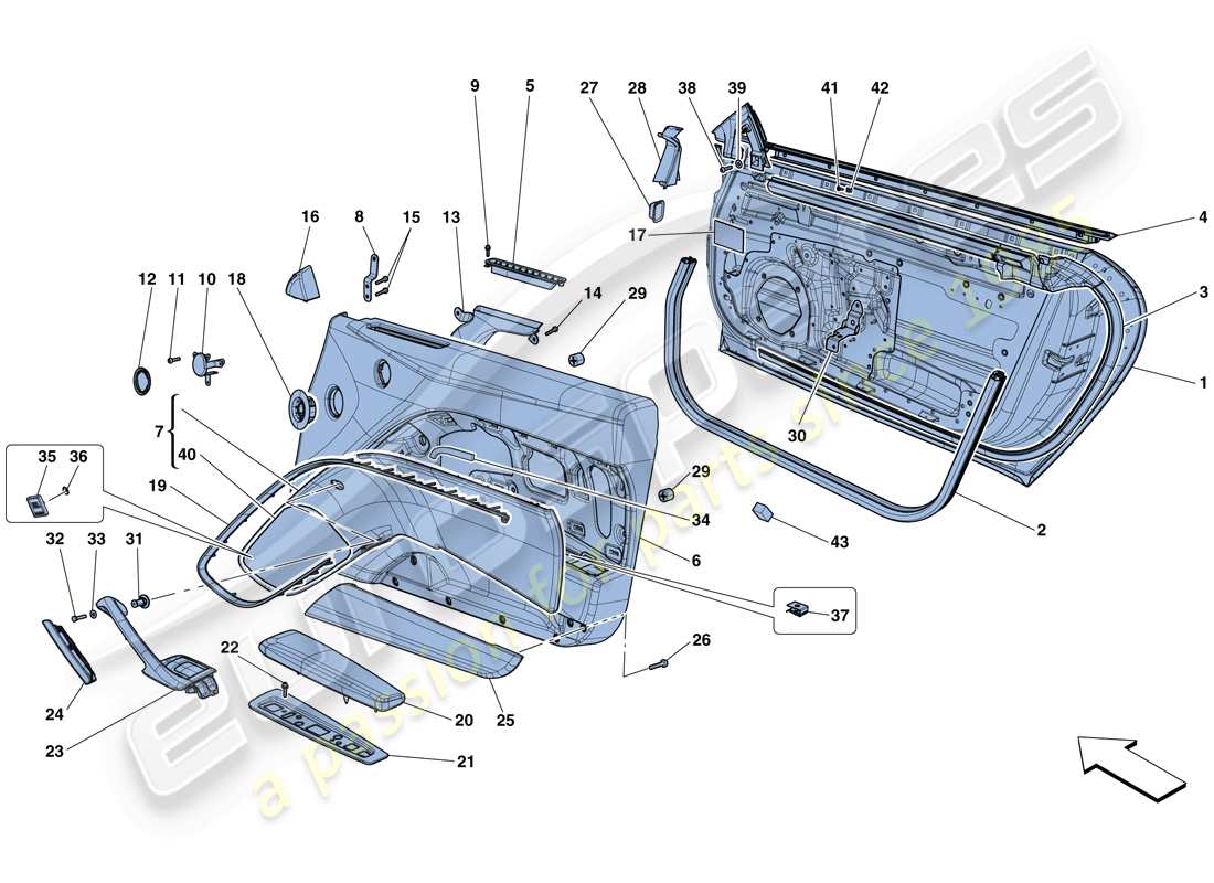 ferrari f12 berlinetta (rhd) türen - unterkonstruktion und verkleidung teilediagramm