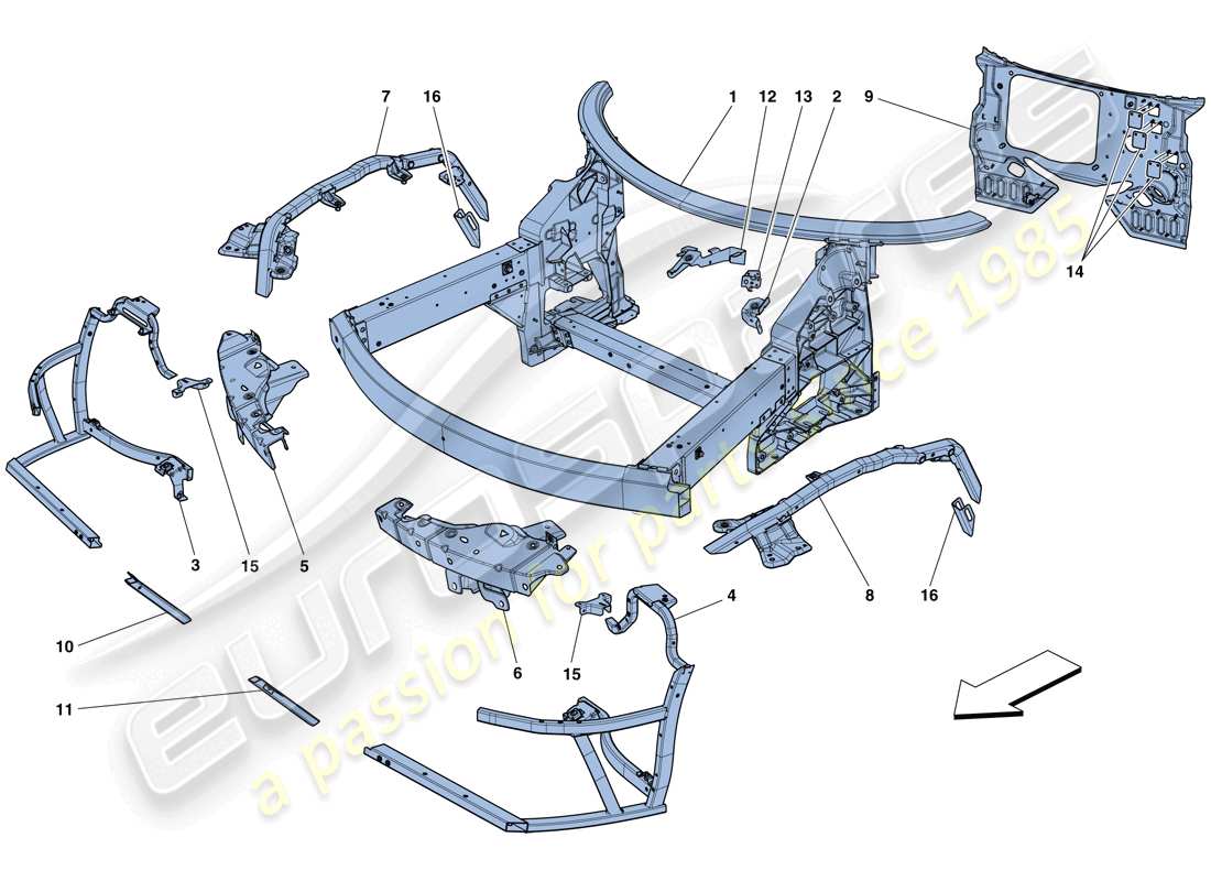 ferrari 458 speciale (rhd) chassis - komplette frontstruktur und paneele ersatzteildiagramm