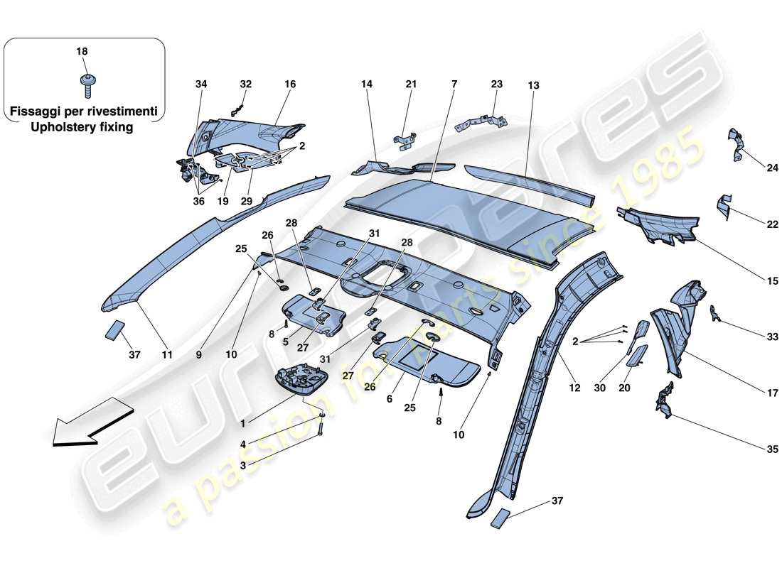 ferrari f12 tdf (rhd) dachhimmelverkleidung und zubehör teilediagramm