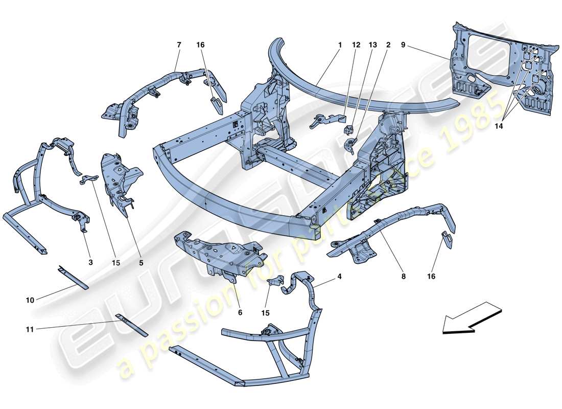 ferrari 458 speciale (europe) chassis - komplette frontstruktur und paneele ersatzteildiagramm